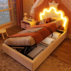 Lit 90x200 cm avec tête de lit réglable et rangement hydraulique, revêtement PU blanc, design couronne