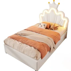 Lit 90x200 cm avec tête de lit réglable et rangement hydraulique, revêtement PU blanc, design couronne