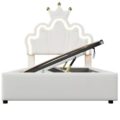 Lit 90x200 cm avec tête de lit réglable et rangement hydraulique, revêtement PU blanc, design couronne