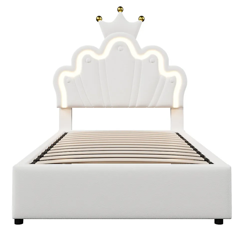 Lit 90x200 cm avec tête de lit réglable et rangement hydraulique, revêtement PU blanc, design couronne