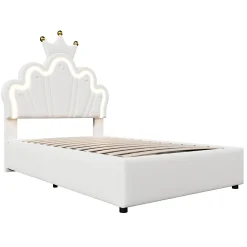 Lit 90x200 cm avec tête de lit réglable et rangement hydraulique, revêtement PU blanc, design couronne