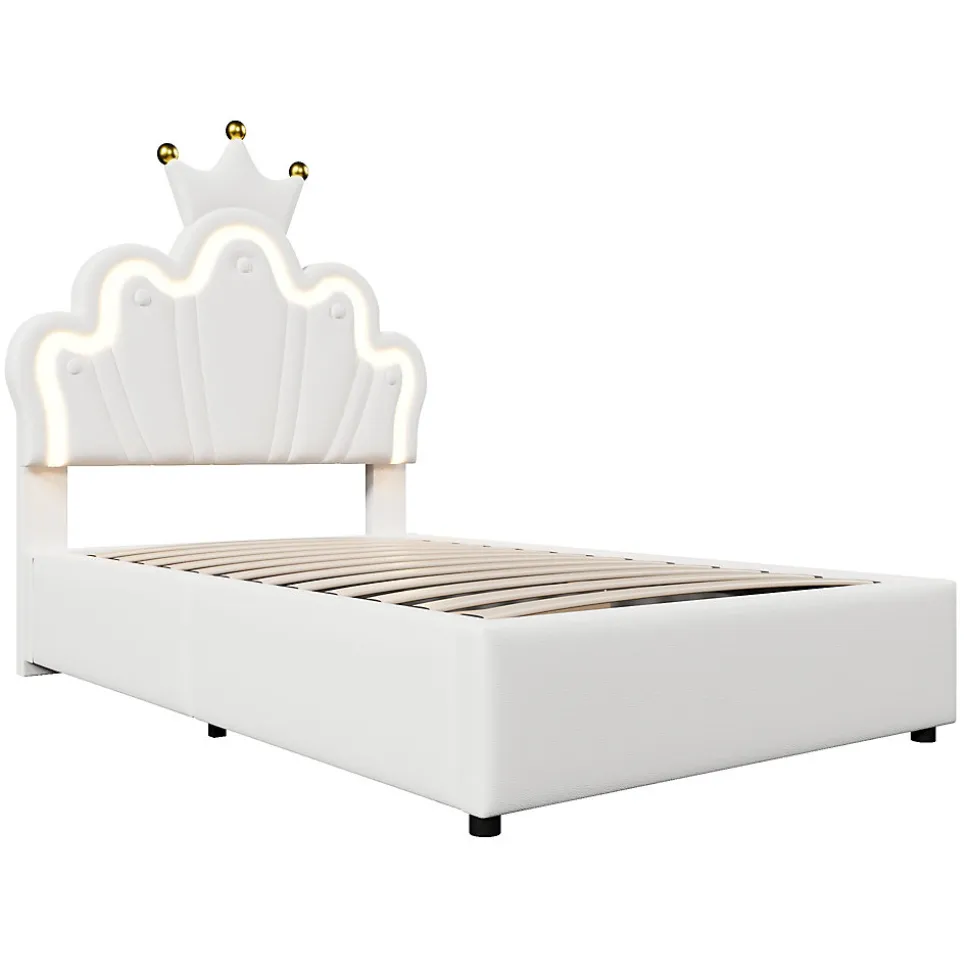 Lit 90x200 cm avec tête de lit réglable et rangement hydraulique, revêtement PU blanc, design couronne