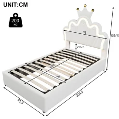 Lit 90x200 cm avec tête de lit réglable et rangement hydraulique, revêtement PU blanc, design couronne