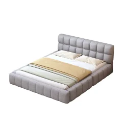 Lit 140x200 cm avec tête de lit rembourrée et revêtement lin gris, cadre solide en panneaux MDF