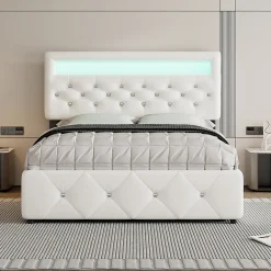 Lit 140x200 cm avec tête de lit rembourrée, 2 tiroirs et lit gigogne, structure MDF, cadre métal, tissu blanc