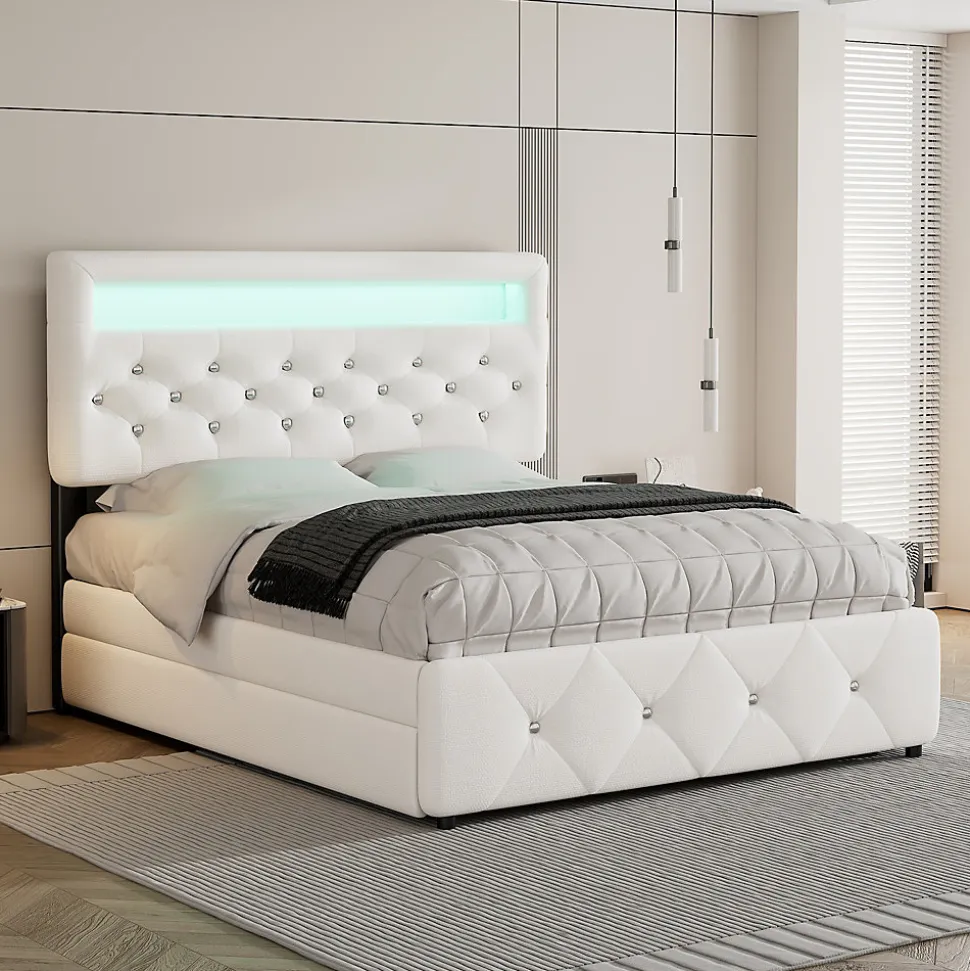 Lit 140x200 cm avec tête de lit rembourrée, 2 tiroirs et lit gigogne, structure MDF, cadre métal, tissu blanc