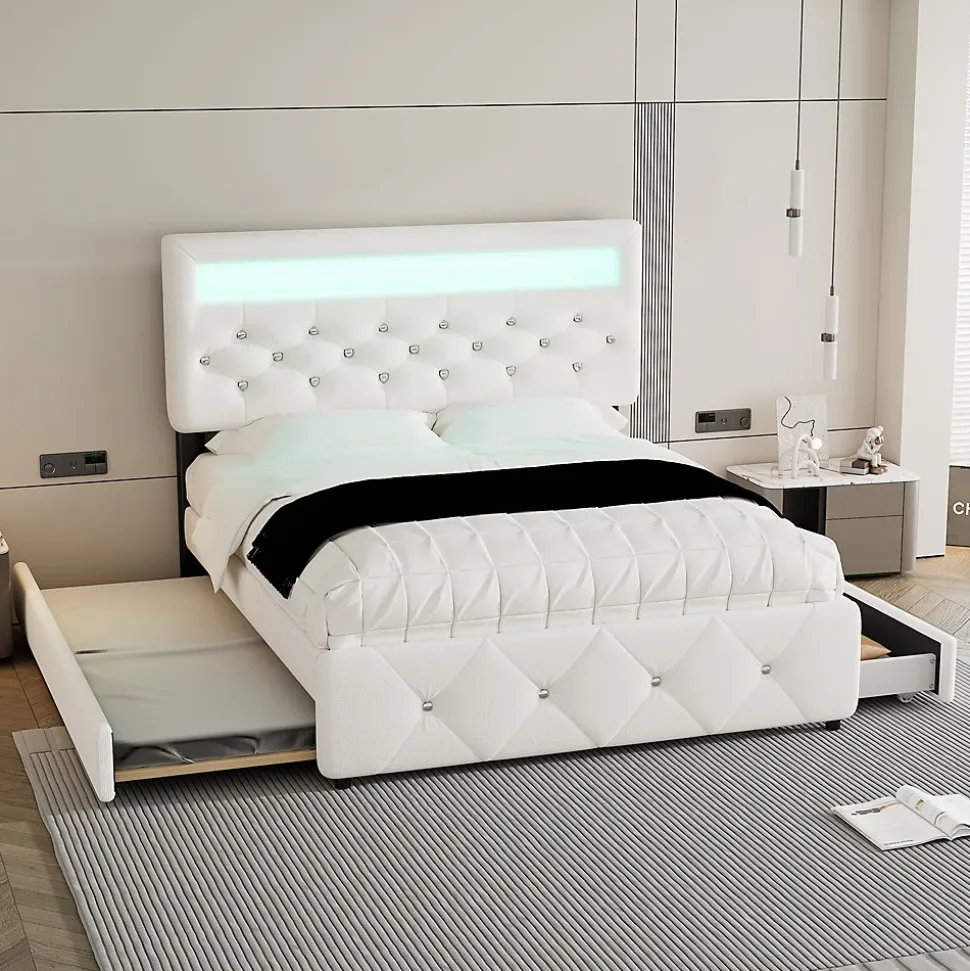 Lit 140x200 cm avec tête de lit rembourrée, 2 tiroirs et lit gigogne, structure MDF, cadre métal, tissu blanc