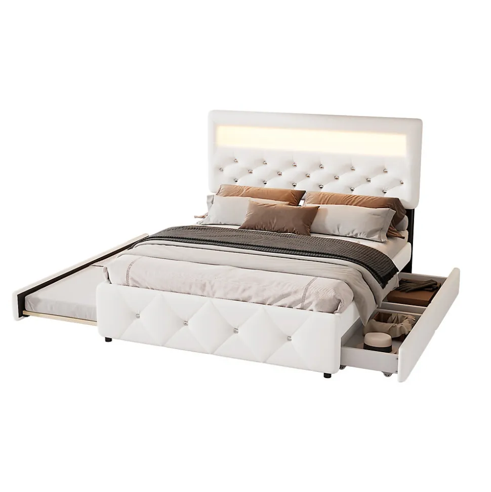 Lit 140x200 cm avec tête de lit rembourrée, 2 tiroirs et lit gigogne, structure MDF, cadre métal, tissu blanc