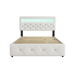 Lit 140x200 cm avec tête de lit rembourrée, 2 tiroirs et lit gigogne, structure MDF, cadre métal, tissu blanc