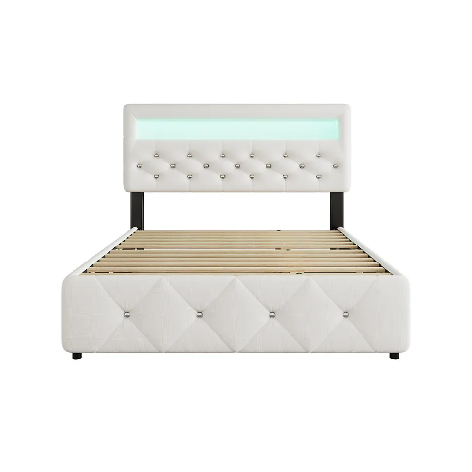 Lit 140x200 cm avec tête de lit rembourrée, 2 tiroirs et lit gigogne, structure MDF, cadre métal, tissu blanc