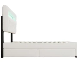 Lit 140x200 cm avec tête de lit rembourrée, 2 tiroirs et lit gigogne, structure MDF, cadre métal, tissu blanc