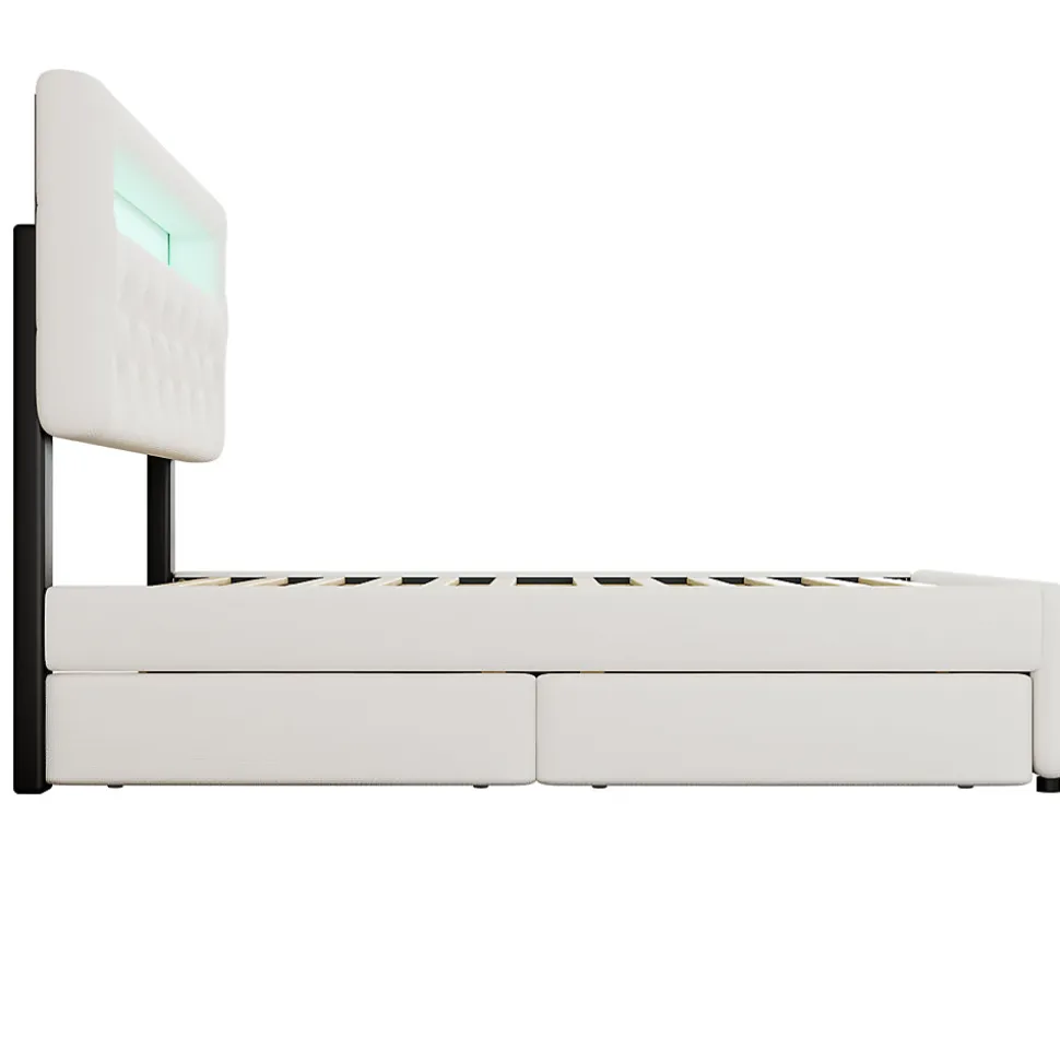 Lit 140x200 cm avec tête de lit rembourrée, 2 tiroirs et lit gigogne, structure MDF, cadre métal, tissu blanc