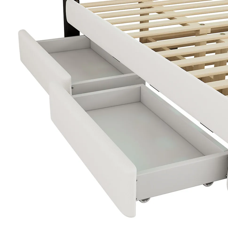 Lit 140x200 cm avec tête de lit rembourrée, 2 tiroirs et lit gigogne, structure MDF, cadre métal, tissu blanc