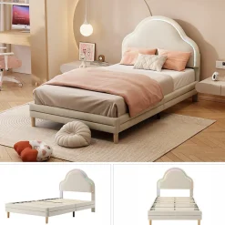 Lit 90x200 cm avec tête de lit en forme de nuage, led multicolores intégrées et revêtement en velours beige