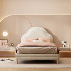 Lit 90x200 cm avec tête de lit en forme de nuage, led multicolores intégrées et revêtement en velours beige