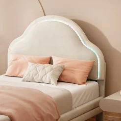 Lit 90x200 cm avec tête de lit en forme de nuage, led multicolores intégrées et revêtement en velours beige