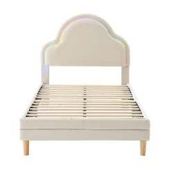 Lit 90x200 cm avec tête de lit en forme de nuage, led multicolores intégrées et revêtement en velours beige