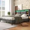 Lit 160x200 cm avec tête de lit espace de rangement, LED et station de charge, cadre bois massif gris