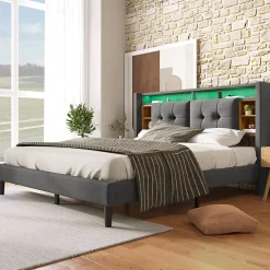 Lit 160x200 cm avec tête de lit espace de rangement, LED et station de charge, cadre bois massif gris