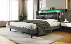 Lit 160x200 cm avec tête de lit espace de rangement, LED et station de charge, cadre bois massif gris