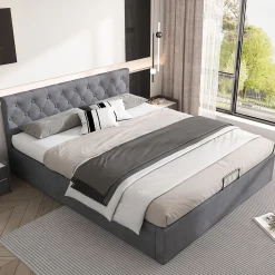 Lit 140x200 cm avec tête de lit capitonnée et rangement hydraulique, tapissé velours gris pour chambre moderne et élégante
