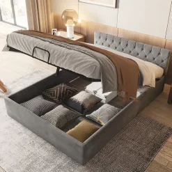 Lit 140x200 cm avec tête de lit capitonnée et rangement hydraulique, tapissé velours gris pour chambre moderne et élégante