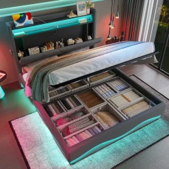 Lit 160x200 cm avec tête de lit à LED, étagères intégrées et revêtement velours gris foncé, espace de rangement