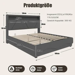 Lit 160x200 cm avec tête de lit à LED, étagères intégrées et revêtement velours gris foncé, espace de rangement