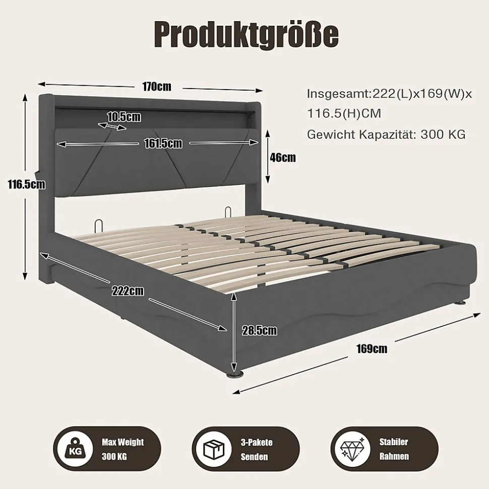Lit 160x200 cm avec tête de lit à LED, étagères intégrées et revêtement velours gris foncé, espace de rangement