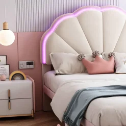 Lit 90x200 cm avec tête de lit rembourrée à bande LED multicolore, tapissé velours beige et rose, pieds ronds