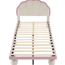 Lit 90x200 cm avec tête de lit rembourrée à bande LED multicolore, tapissé velours beige et rose, pieds ronds