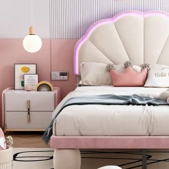 Lit 90x200 cm avec tête de lit rembourrée à bande LED multicolore, tapissé velours beige et rose, pieds ronds