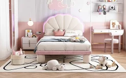 Lit 90x200 cm avec tête de lit rembourrée à bande LED multicolore, tapissé velours beige et rose, pieds ronds