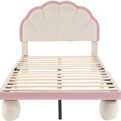 Lit 90x200 cm avec tête de lit rembourrée à bande LED multicolore, tapissé velours beige et rose, pieds ronds