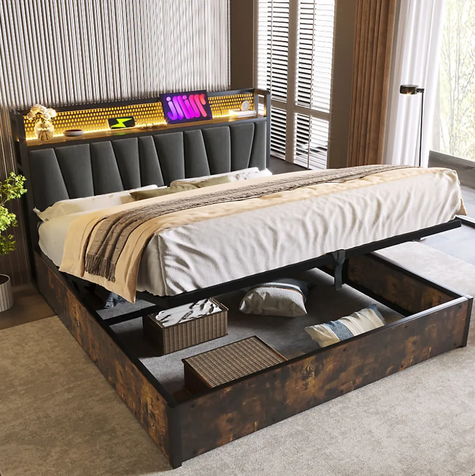 Lit 160x200 cm avec tête de lit LED contrôlable par application, prises USB et coffre, cadre métal gris