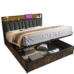 Lit 160x200 cm avec tête de lit LED contrôlable par application, prises USB et coffre, cadre métal gris