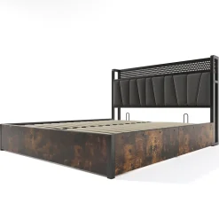 Lit 160x200 cm avec tête de lit LED contrôlable par application, prises USB et coffre, cadre métal gris