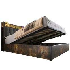 Lit 140x200 cm avec tête de lit LED RGBW, prises USB intégrées, coffre de rangement et cadre métal gris design