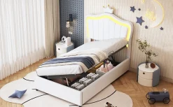 Lit 90x200 cm avec tête de lit coquillage couronnée et coffre hydraulique, éclairage LED, tapissé cuir blanc