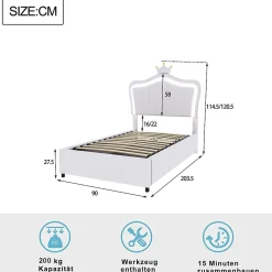 Lit 90x200 cm avec tête de lit coquillage couronnée et coffre hydraulique, éclairage LED, tapissé cuir blanc
