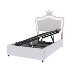 Lit 90x200 cm avec tête de lit coquillage couronnée et coffre hydraulique, éclairage LED, tapissé cuir blanc