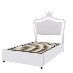 Lit 90x200 cm avec tête de lit coquillage couronnée et coffre hydraulique, éclairage LED, tapissé cuir blanc