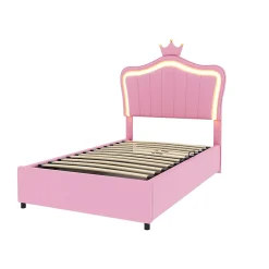 Lit 90x200 cm avec tête de lit coquille et LED intégrées, rangement hydraulique, similicuir rose réglable