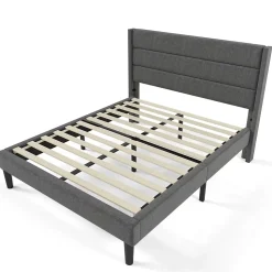 Lit 140x200 cm avec tête de lit rembourrée, sommier à lattes intégré et revêtement lin gris foncé