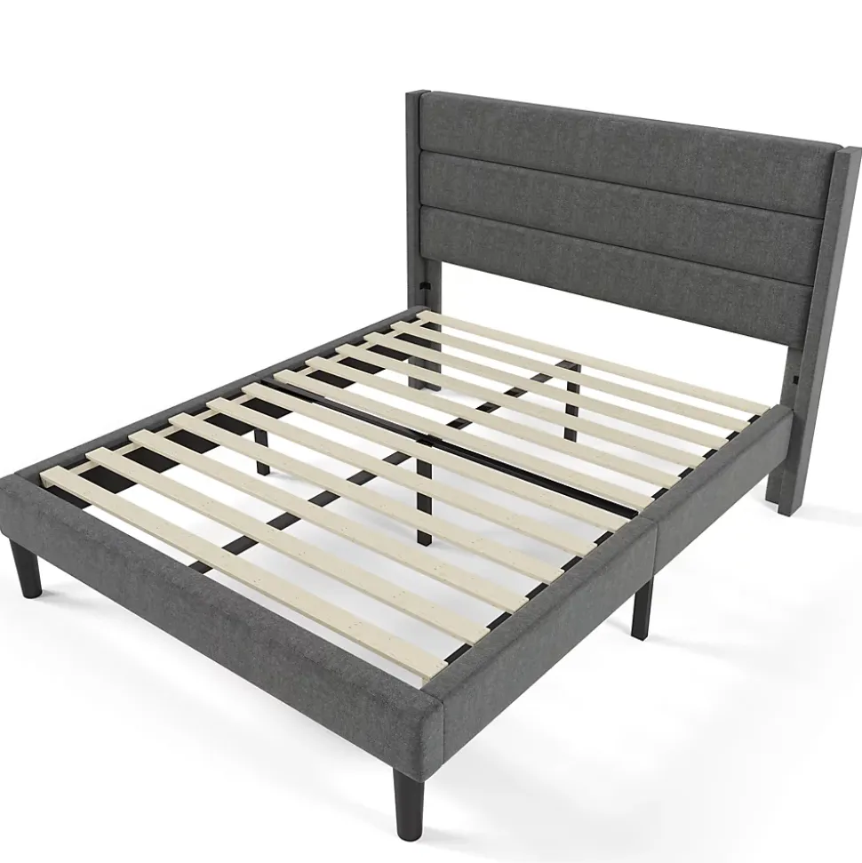 Lit 140x200 cm avec tête de lit rembourrée, sommier à lattes intégré et revêtement lin gris foncé