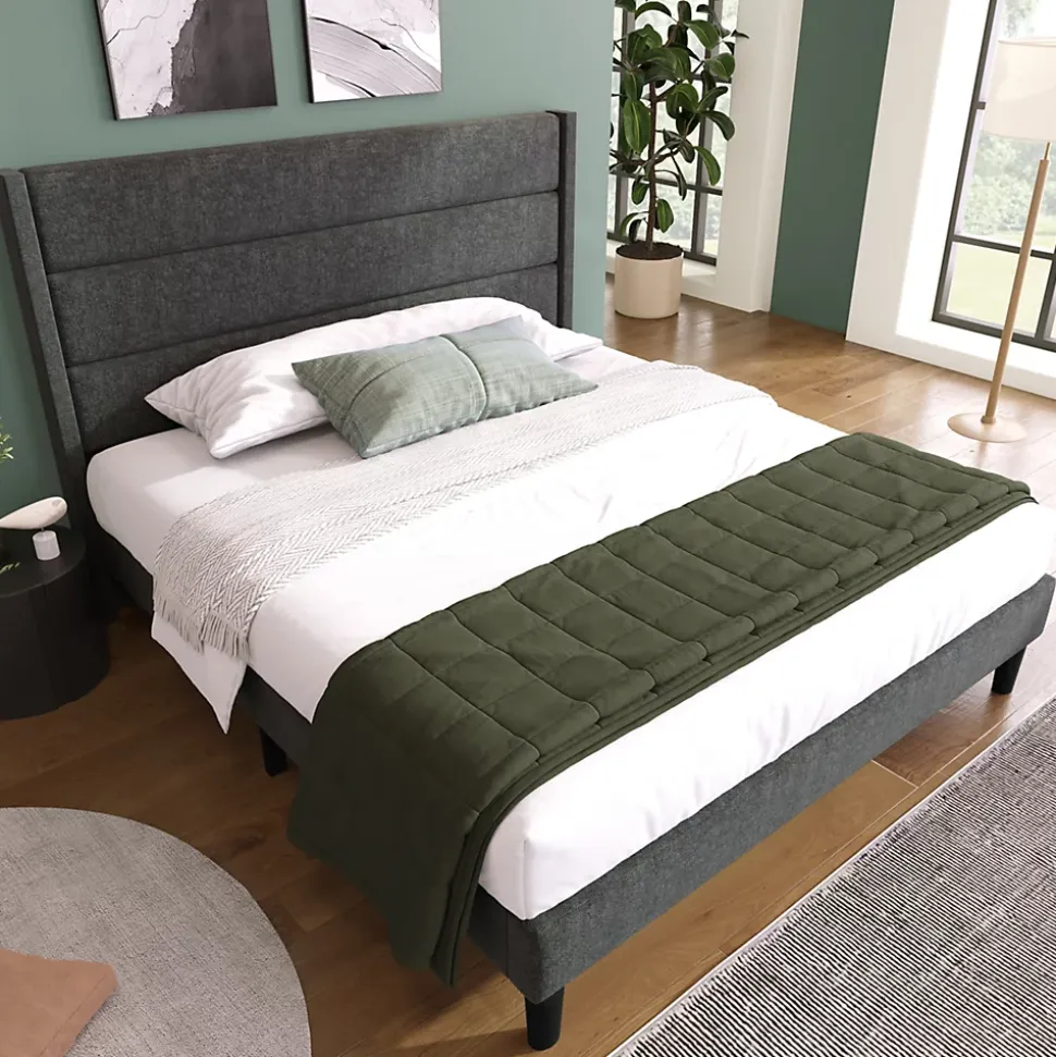 Lit 140x200 cm avec tête de lit rembourrée, sommier à lattes intégré et revêtement lin gris foncé