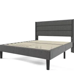 Lit 140x200 cm avec tête de lit rembourrée, sommier à lattes intégré et revêtement lin gris foncé