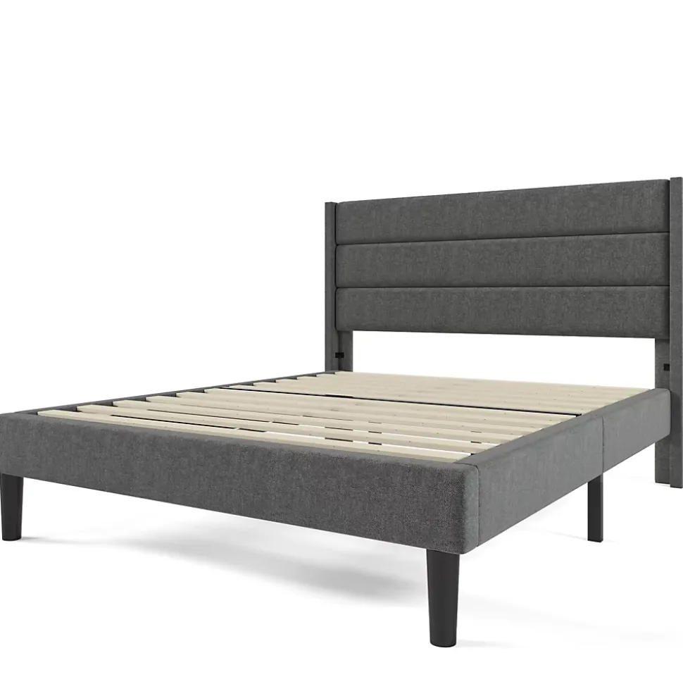 Lit 140x200 cm avec tête de lit rembourrée, sommier à lattes intégré et revêtement lin gris foncé