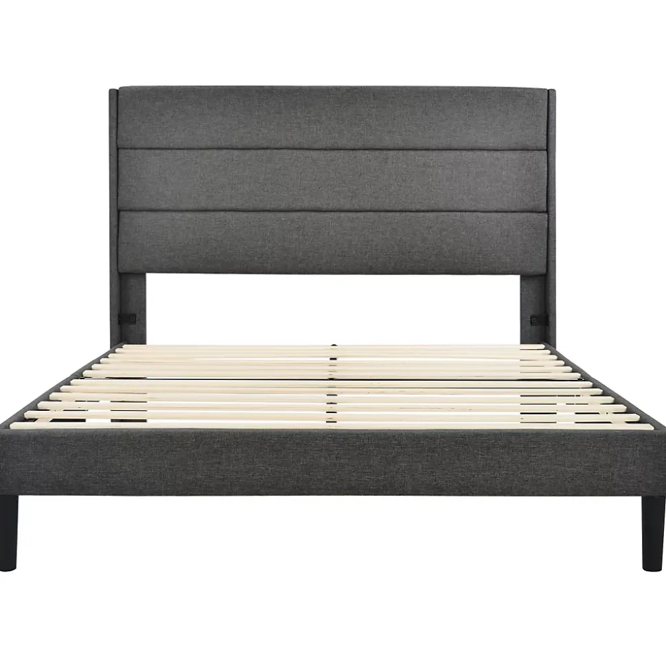 Lit 140x200 cm avec tête de lit rembourrée, sommier à lattes intégré et revêtement lin gris foncé