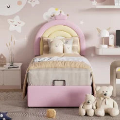 Lit 90x200 cm avec tête de lit réglable, tapissé PU rose et sommier à lattes, design contemporain